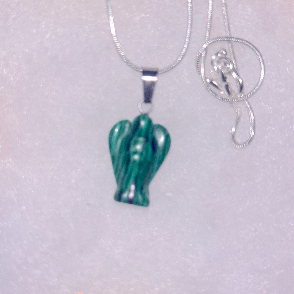 Boho Malachite Crystal Angel Sterling Silver Necklace 16”
